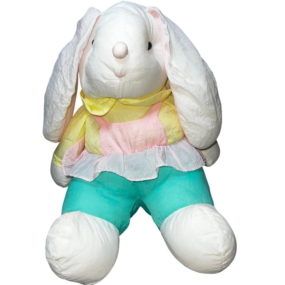 Vintage Nylon Puffy Easter Bunny long ears Plush Rabbit Pastel Stuffed Animal